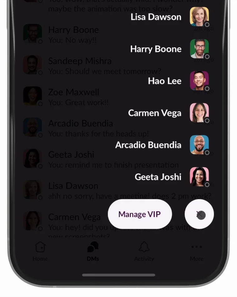 Slack Plus Menu showing a vertical list of VIP contacts selected by a drag gesture